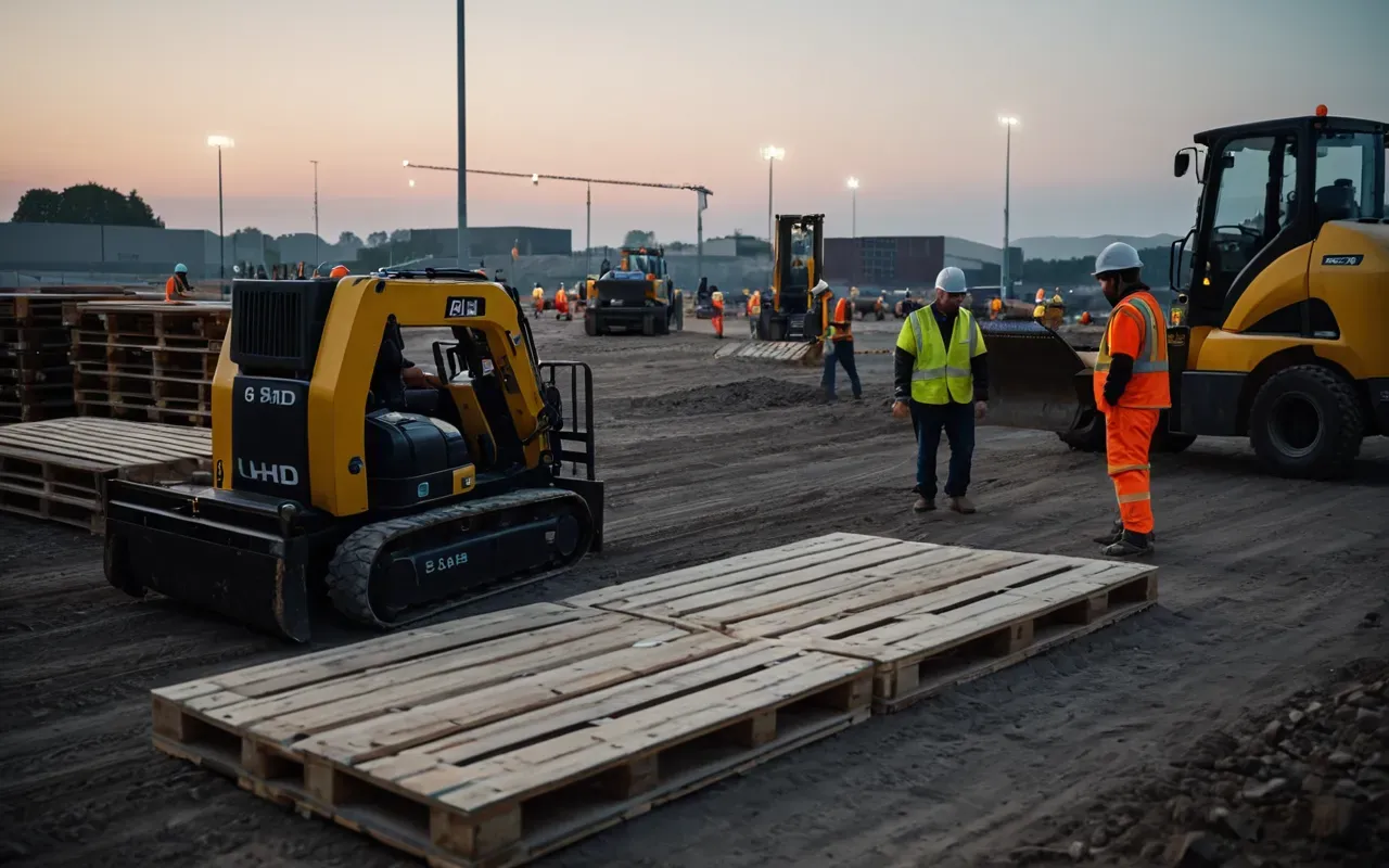 construction site operations A busy construction site at dusk with compact telehandlers moving pallets of materials under floodlights while engineers in hard hats review blueprints on clipboards nearby