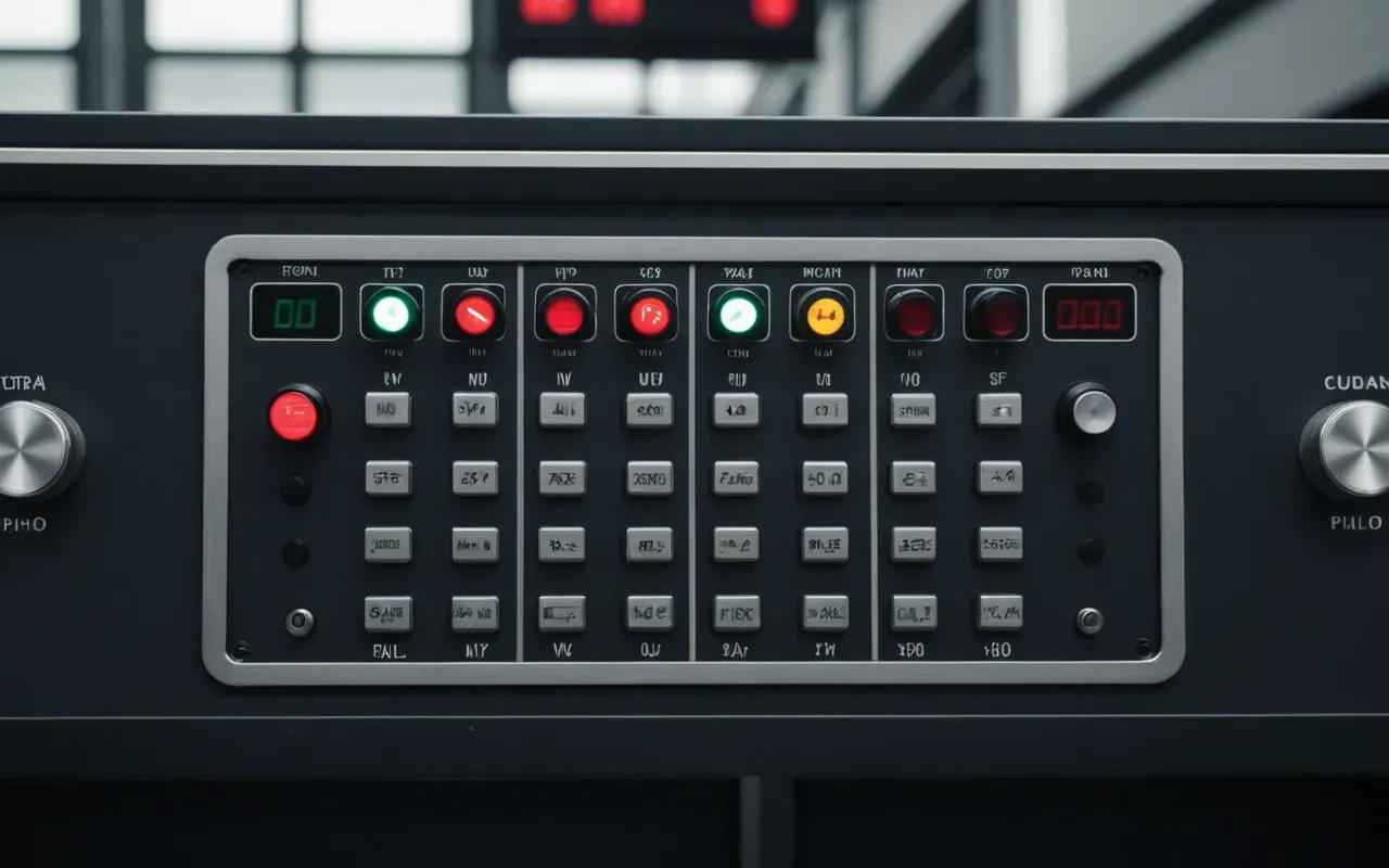 control panel indicators A clean control panel with various buttons and indicator lights in a modern industrial setting showing active status without any readable text screens