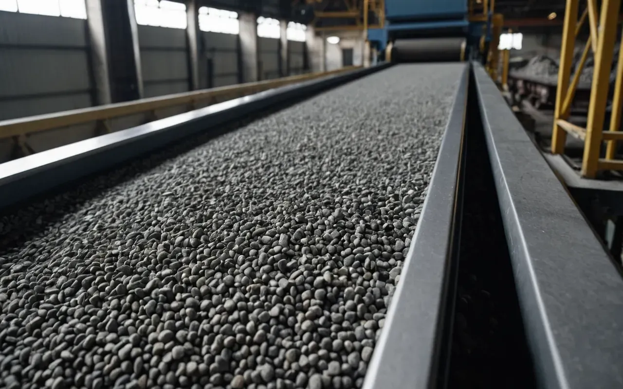 aggregate conveyor machinery A close up of a heavy duty conveyor belt moving gray aggregate material inside an industrial facility.