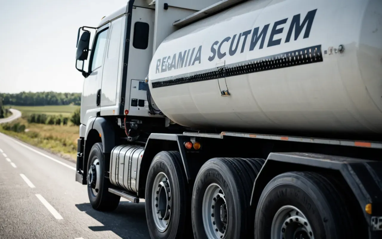 A close-up of a ready mix truck drum rotating slowly on a highway with a small electronic sensor unit mounted securely to the side panel under bright daylight.