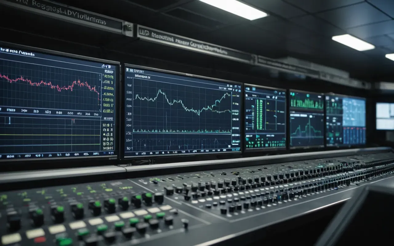 A close-up view of a complex industrial control room with rows of digital monitoring screens displaying fluctuating air quality data graphs and pressure readings, illuminated by the blue glow of the displays in a darkened environment, highlighting the technological interface used for environmental compliance tracking.
