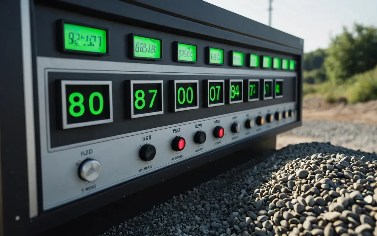 A close up view of a digital control panel with glowing green lights and rotating dials next to a pile of gray gravel in bright daylight.