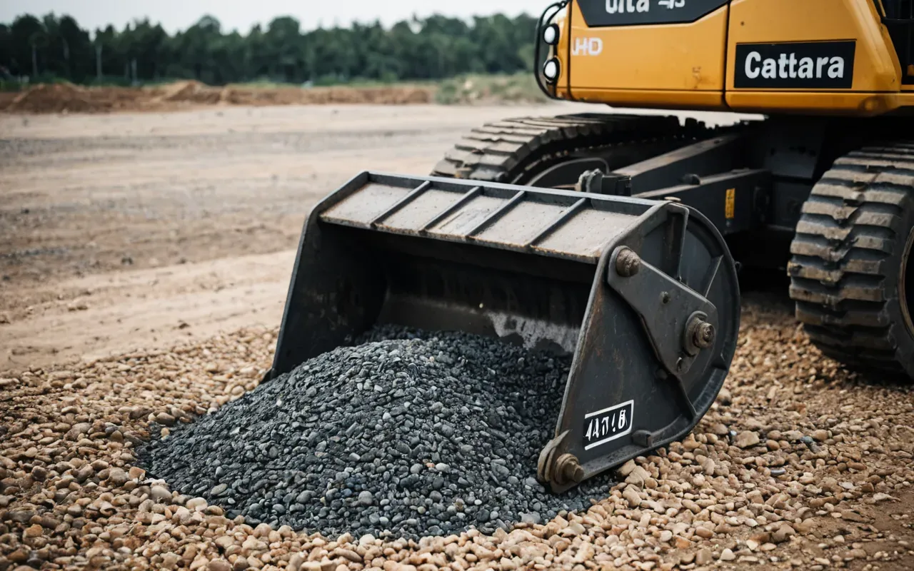 A close-up view of a heavy duty excavator bucket resting on rough gravel ground with visible hydraulic arms and steel textures in natural light.
