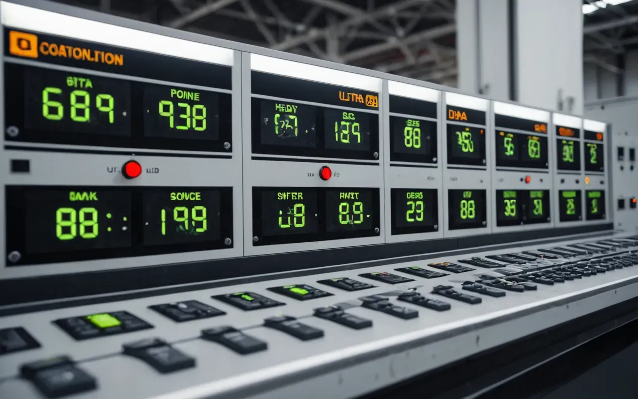A close up view of a modern concrete batching plant control panel with glowing digital displays and heavy duty industrial switches under bright white workshop lighting.