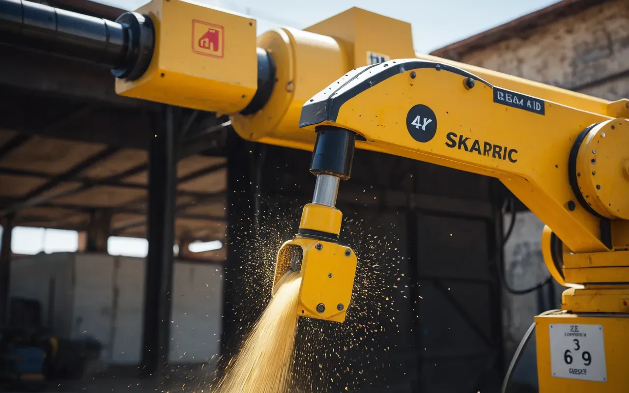 A close-up view of a yellow heavy machinery hydraulic arm in motion with dust particles suspended in bright morning light showing precision engineering details and metallic texture without any text or logos.