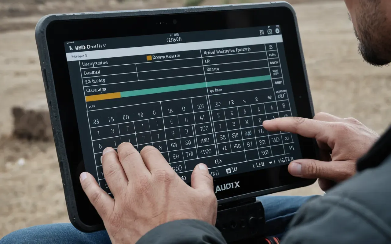 machinery specifications comparison A close up view of hands typing on a rugged industrial tablet outdoors. The screen shows rows of data and comparison tables for heavy machinery in bright daylight.