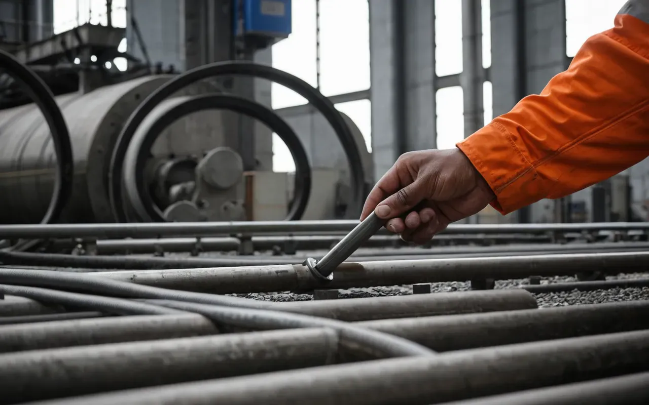industrial maintenance A close-up view of precision-engineered steel components for a concrete batching plant. Worn hands of a technician check the alignment of hydraulic pipes in an industrial setting.