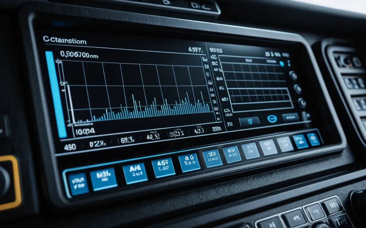 A close-up view of the digital dashboard inside a modern heavy machinery cabin showing real-time engine metrics and hydraulic pressure graphs with a soft blue glow in a dimly lit environment.