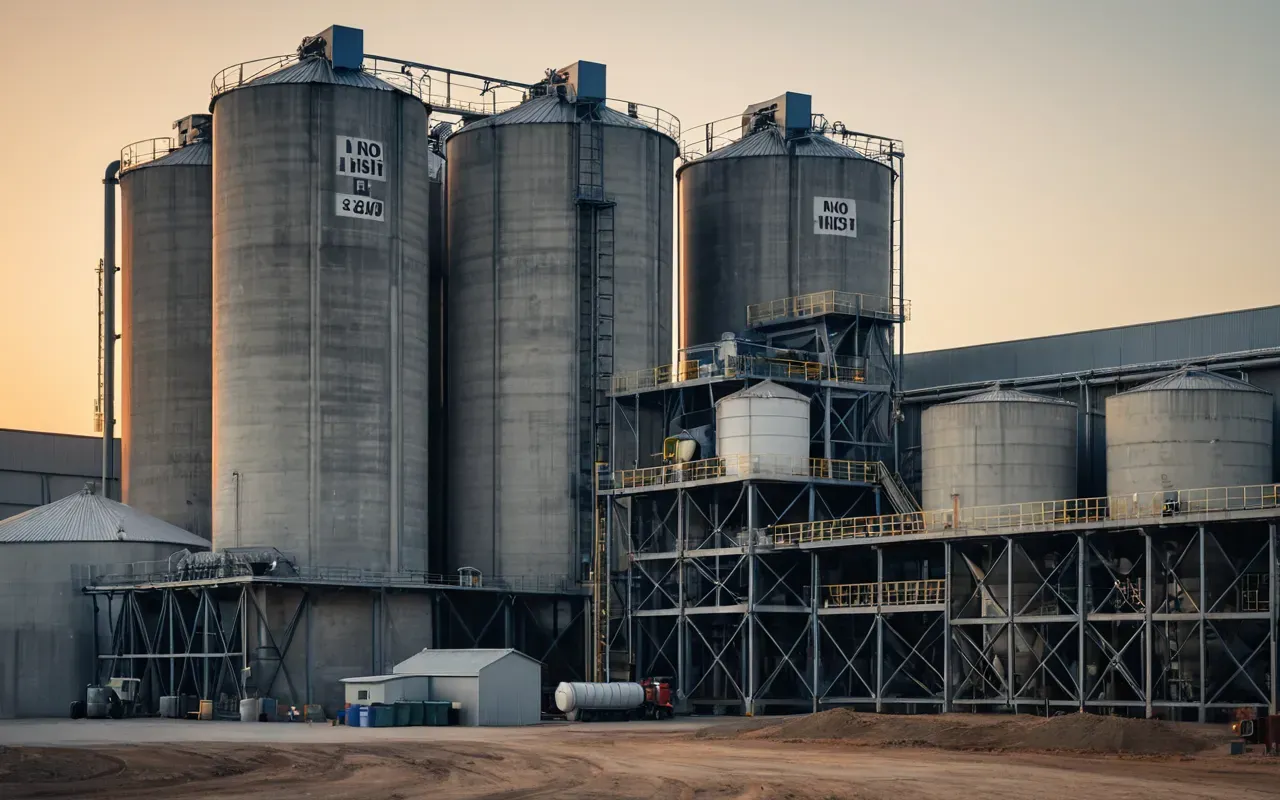 A concrete batching plant facility with large silos and a mixer operating during early morning light showing industrial precision and clean modern equipment design.