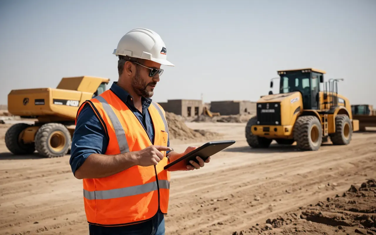 A construction equipment sales representative standing on a dusty jobsite holding a tablet device with one hand while pointing at heavy machinery in the distance under bright daylight.