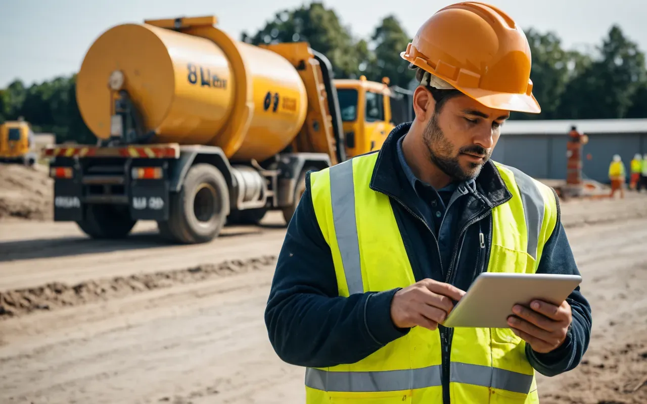 A construction worker wearing high-visibility gear standing safely away from a ready mix truck while reviewing data on a handheld tablet device in the afternoon sun.
