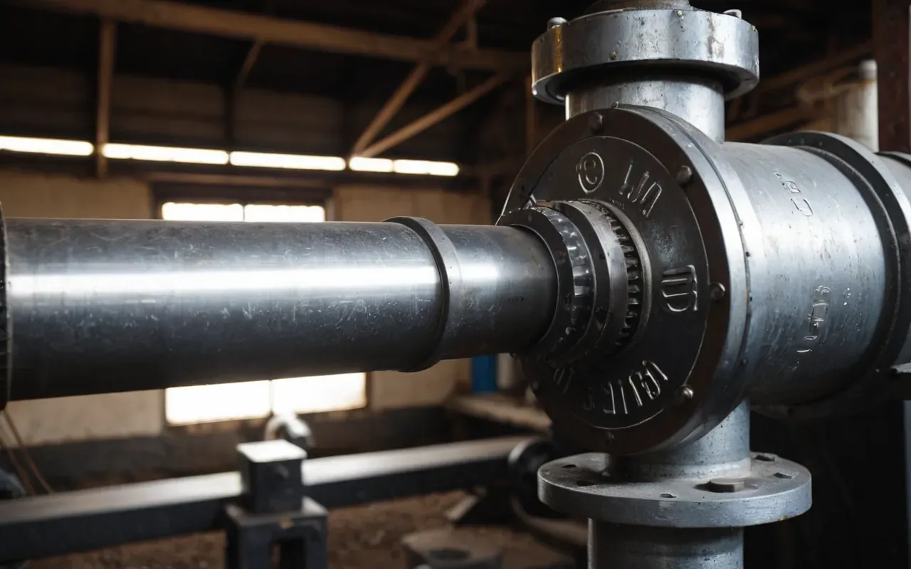 A detailed close-up of a mechanical auger shaft with visible grease fittings and metal texture under bright workshop lighting showing the intricate engineering details clearly.
