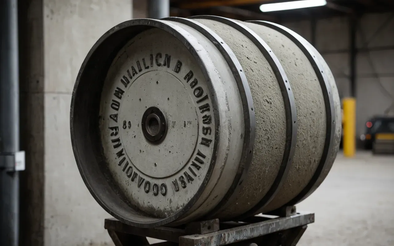 A detailed view of a concrete mixing drum rotating slowly with raw materials visible inside under bright industrial lighting highlighting the texture of cement and aggregate without any labels or text.