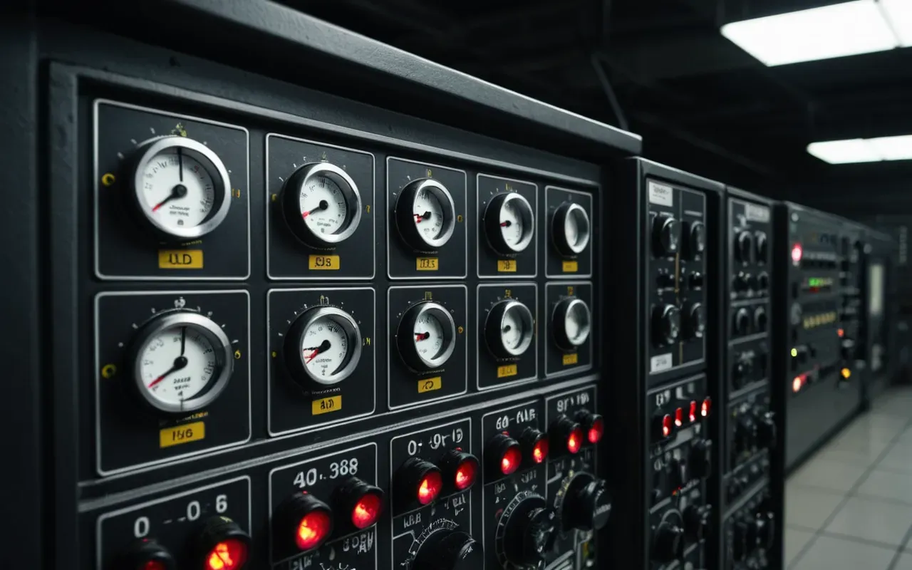 plant monitoring systems A detailed view of industrial control panels with various dials and warning lights in a dimly lit room showing the complexity of modern plant operations without any readable text or labels.