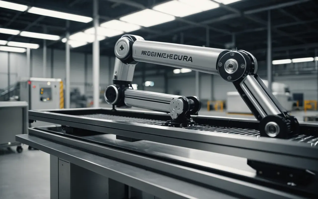 A futuristic view of an automated robotic arm handling materials in a clean industrial facility with soft ambient lighting and sleek metallic surfaces reflecting the environment.
