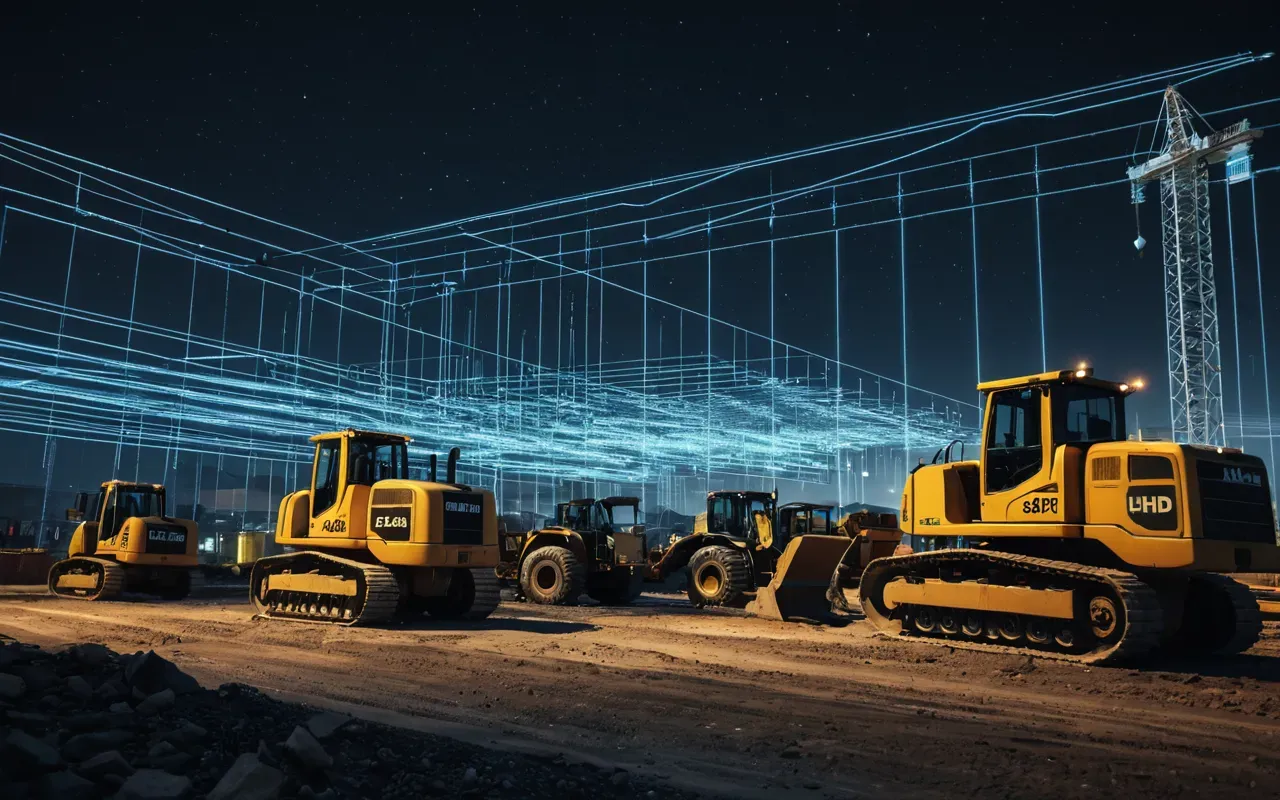 A futuristic visualization of a construction site at night with holographic data streams floating above several pieces of heavy machinery connected by glowing lines to a central hub.