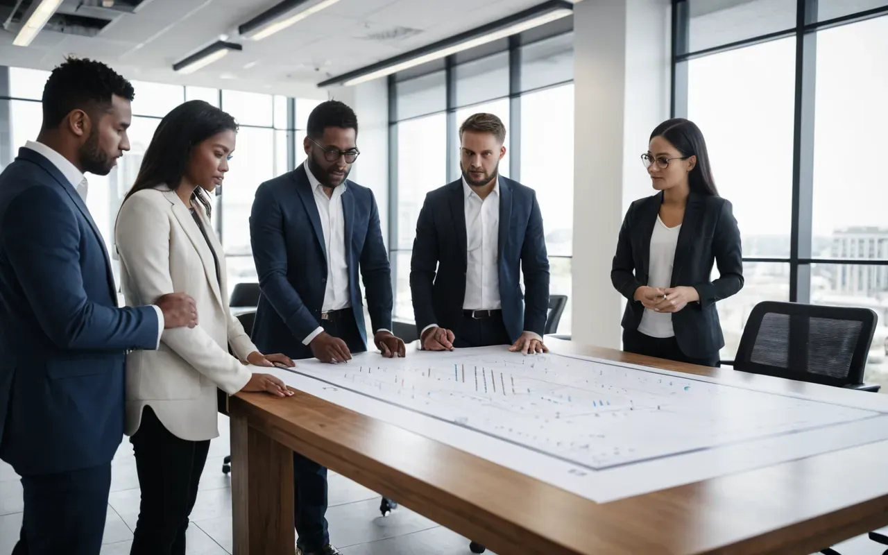A group of diverse engineering professionals standing around a large table reviewing blueprints and data charts in a bright modern office with floor to ceiling windows looking out onto a cityscape.