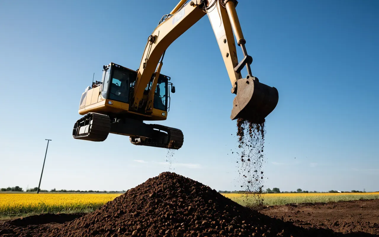 excavator operation efficiency A heavy duty excavator arm lifting a bucket of soil in an open field with clear blue sky and bright sunlight reflecting off metal surfaces.