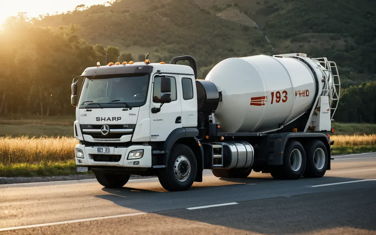 A heavy duty mobile concrete mixer truck driving on a smooth paved road during early morning with soft golden sunlight illuminating the steel chassis and tires.