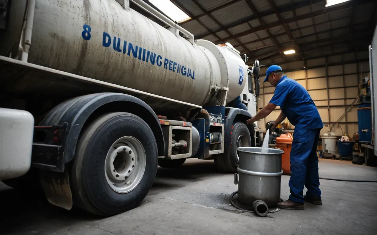 concrete equipment maintenance A mechanic draining water from a fuel separator on a large concrete mixer truck. The scene is indoors with bright artificial lighting and tools laid out neatly.