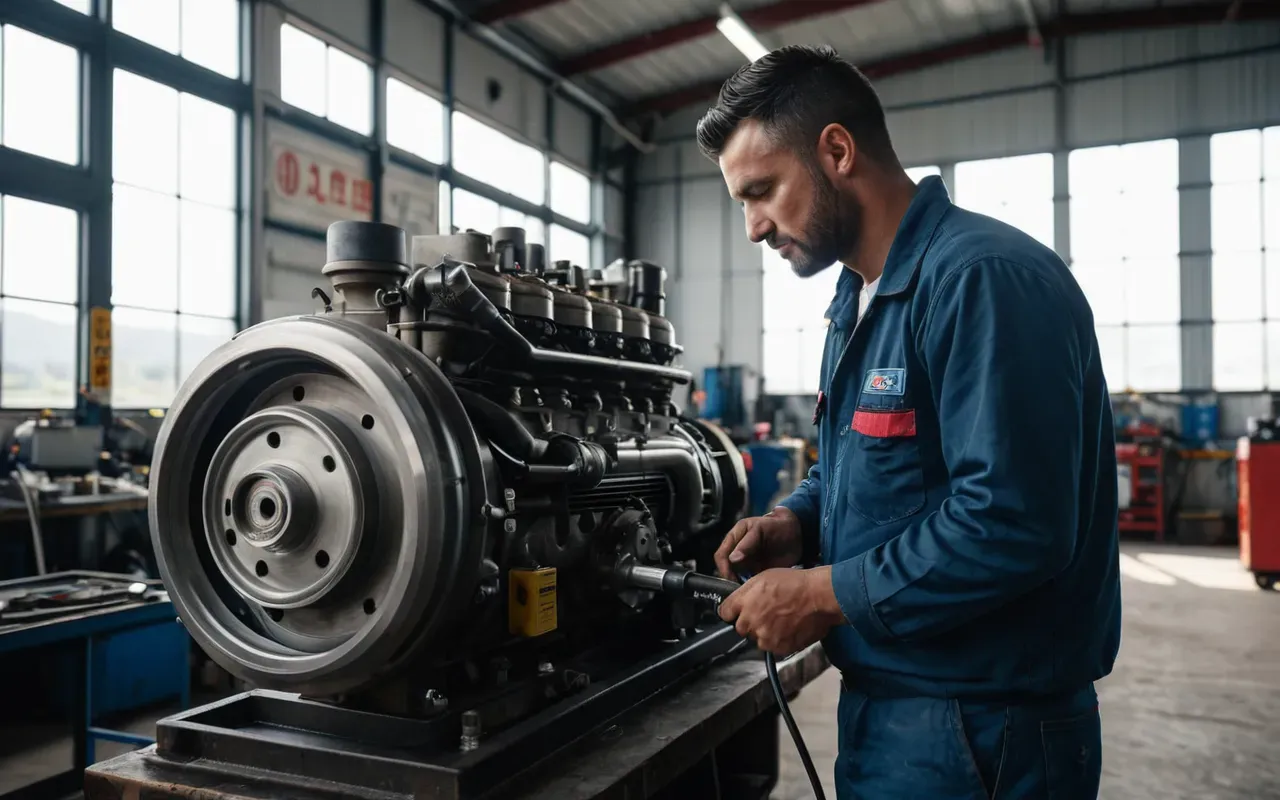 diesel engine maintenance A mechanic inspecting a diesel engine exhaust system in a bright workshop with natural light from large windows showing blue sky outside.