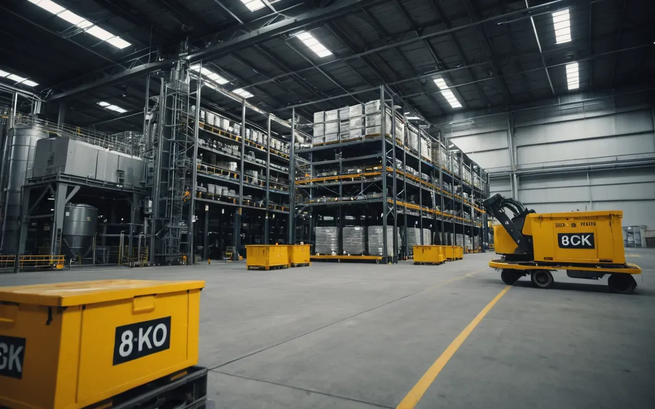 A modern automated warehouse with robotic arms moving boxes next to a large concrete batching plant mixing gray slurry under industrial lighting.
