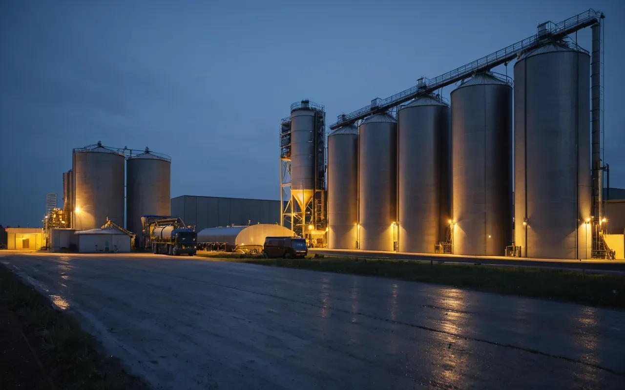 concrete batching plant exterior A modern concrete batching plant at dusk with silos illuminated by warm industrial lights and a quiet paved yard.