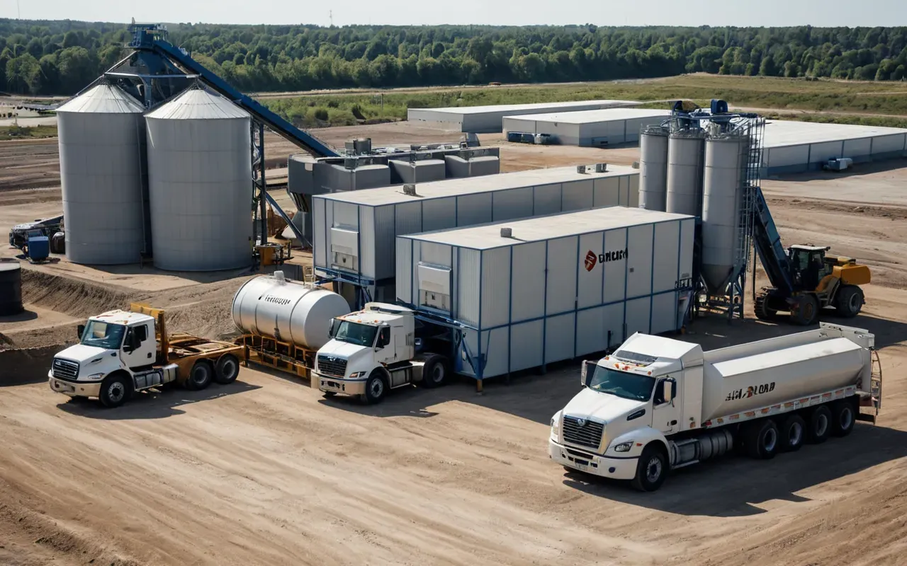 concrete batch equipment A modern concrete batching plant facility with large mixers and storage bins visible in the background. Heavy trucks are parked on a dirt lot under bright daylight. The scene is clean and organized, showing industrial scale without any text or signage.