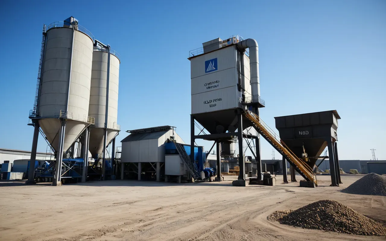 A modern concrete batching plant with large hoppers and mixing drums under a clear blue sky. Dust particles are visible in the sunlight near the loading area.