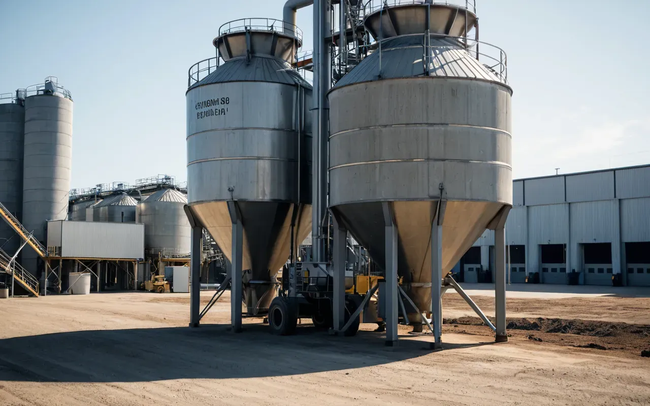 concrete batching plant overview A modern concrete batching plant with large hoppers and mixing drums sitting on a clean paved yard under bright daylight.