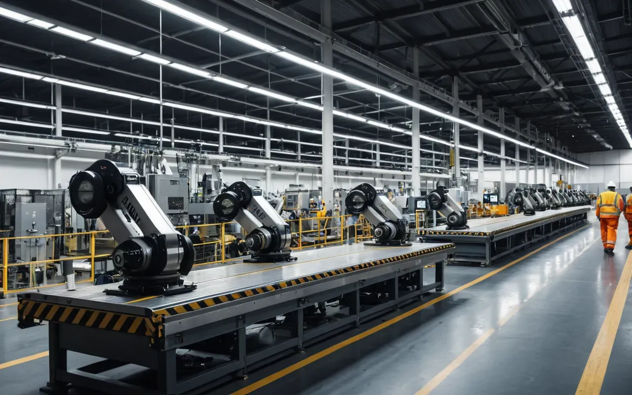 heavy machinery assembly line A modern factory floor with robotic arms assembling heavy metal components under bright industrial lighting with workers in safety gear observing the process