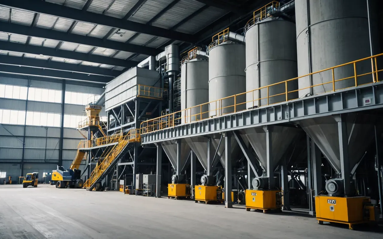 concrete batching plants A modern industrial facility interior featuring large concrete batching plant machinery with steel hoppers and control panels. Workers in high-visibility safety vests observe the equipment under bright fluorescent lighting.