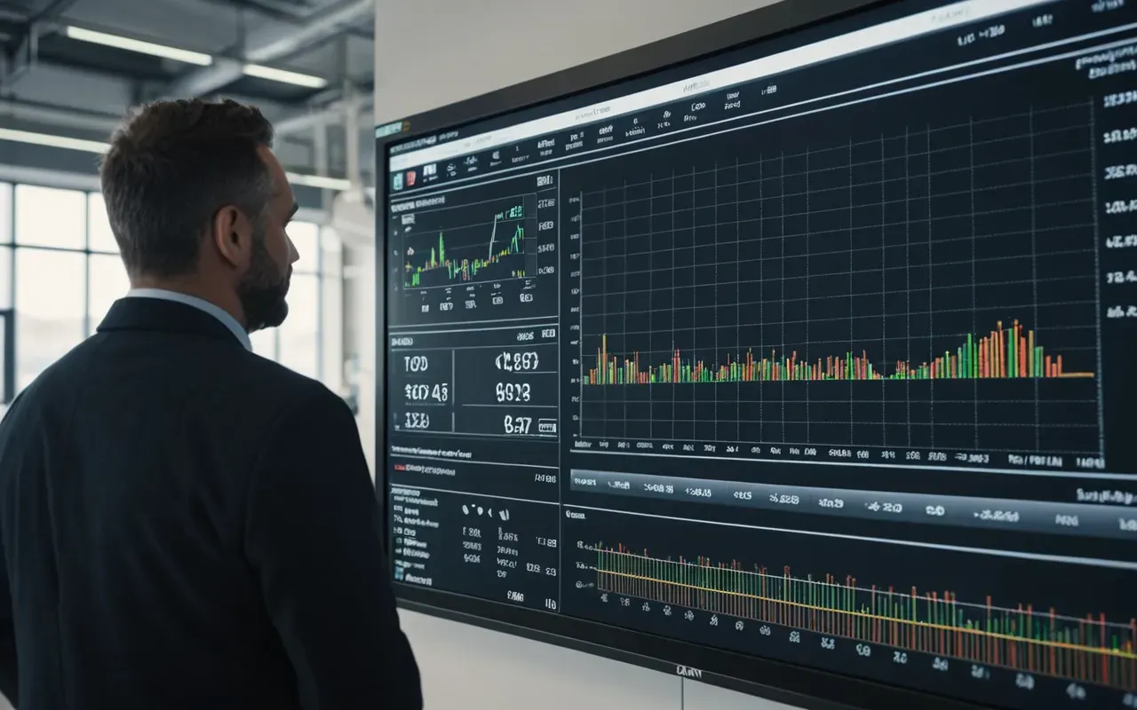 construction efficiency trends A modern industrial office with a large wall screen displaying complex data charts and graphs of machinery specifications. A single person stands looking at the display in a dimly lit room.