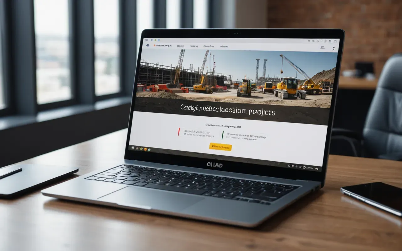A modern office desk with a laptop open showing a chat interface where a user is typing questions about construction projects and equipment demand data.