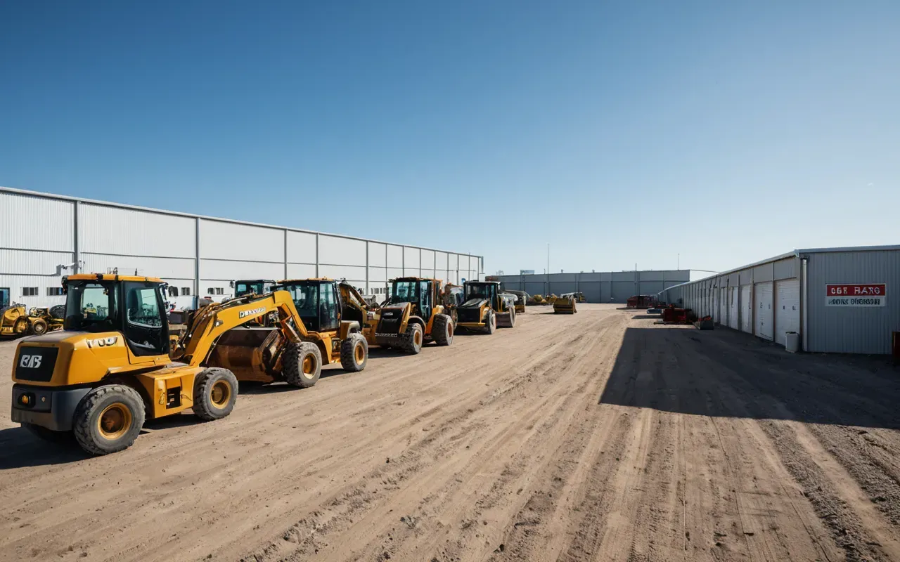 A panoramic view of a modern construction equipment yard with neatly arranged heavy machines under clear skies showing organized storage and maintenance bays without any visible signage or text.