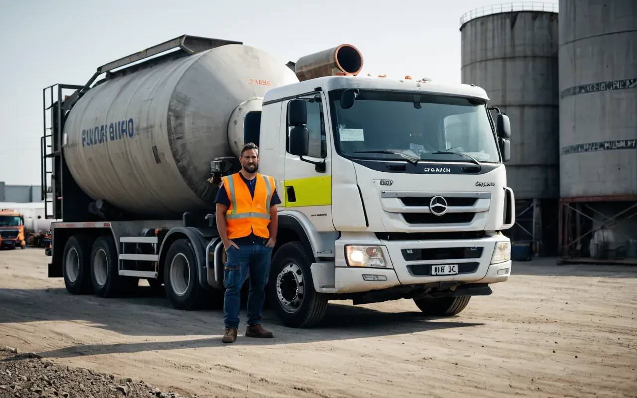 A person wearing a high visibility safety vest standing next to a large concrete mixer truck with the drum visible in an industrial yard setting.