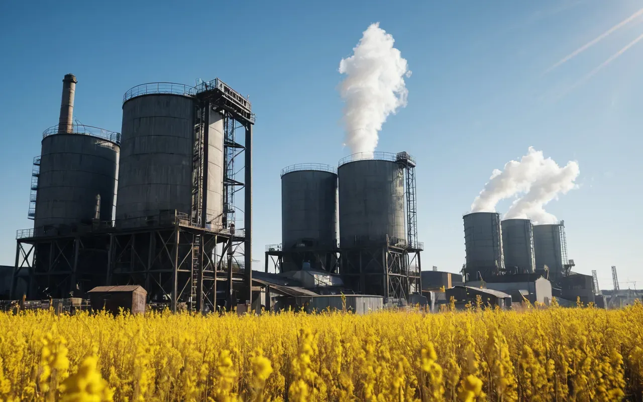 silica dust exposure A realistic photo of fine grey dust particles floating in the air near large yellow industrial mixing towers under a bright blue sky with harsh midday sunlight creating high contrast shadows on the ground.