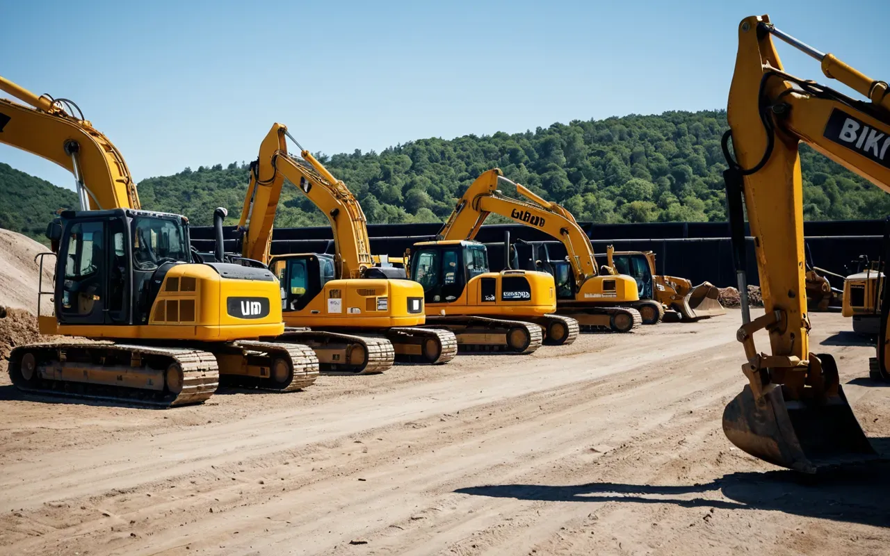 A row of heavy construction equipment including excavators and bulldozers parked in a lot with clean paved ground and clear blue sky overhead.