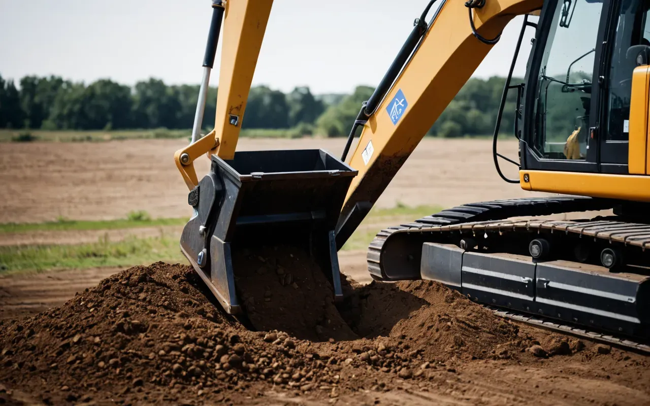 A side view of a modern excavator bucket lifting earth in a clean outdoor setting with soft natural lighting emphasizing the mechanical precision and smooth movement without any background text.