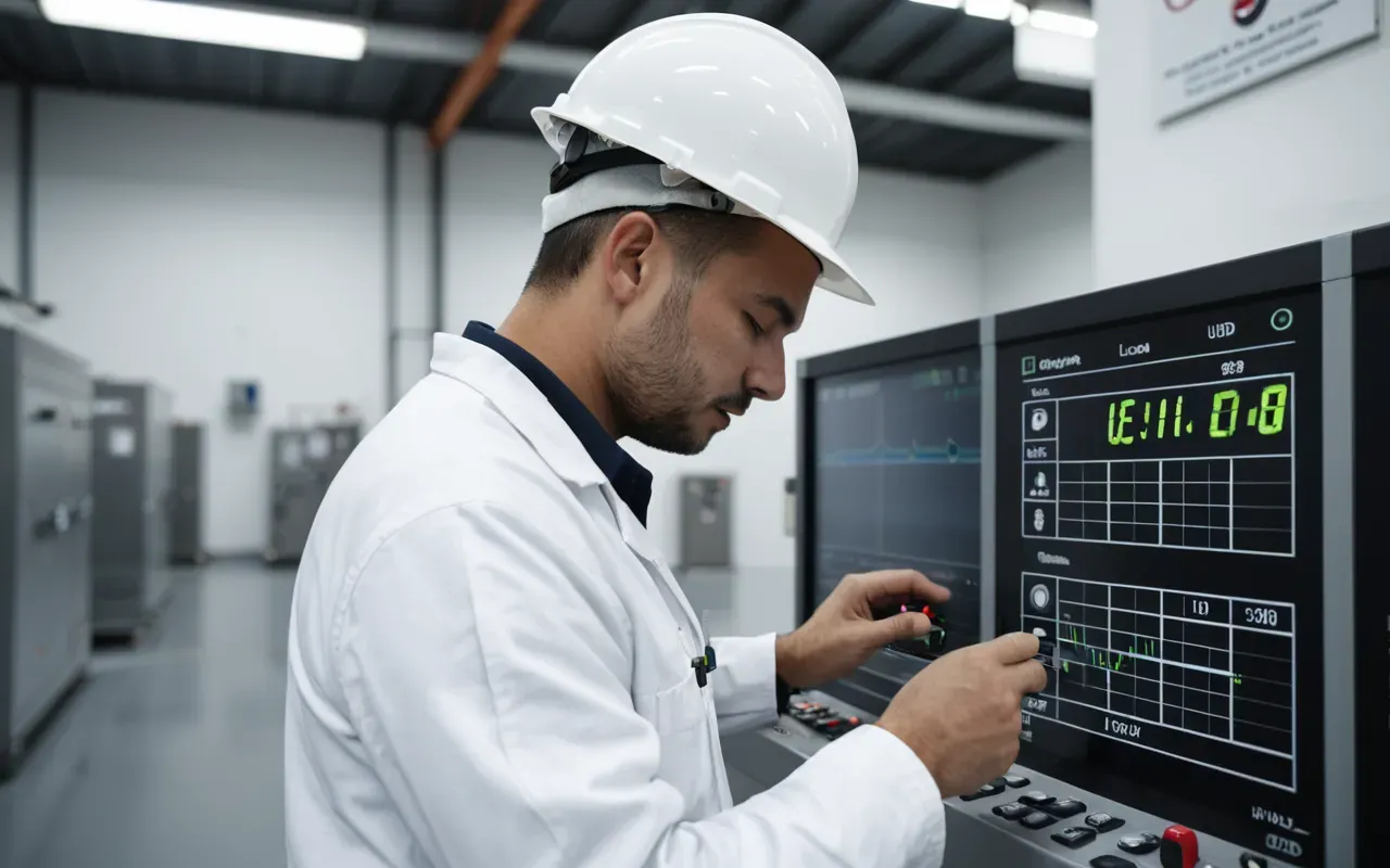 concrete plant control system A technician in a white hard hat checking digital gauges on a control panel inside a clean industrial room.
