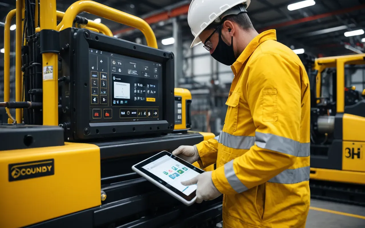 A technician in clean protective gear inspecting a complex hydraulic valve assembly on a large yellow construction machine using a digital tablet in an industrial workshop setting.