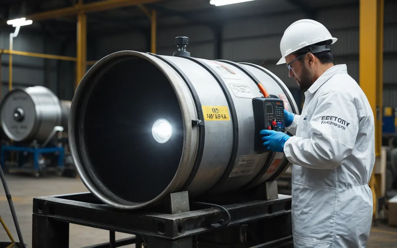 mixing drum inspection A technician in clean safety gear inspecting a large industrial mixing drum with a flashlight in a well lit workshop area