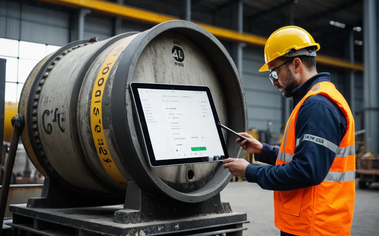 A technician in high-visibility safety gear inspecting a large industrial concrete mixer drum with a digital tablet, checking for wear and tear on the internal blades, set against a backdrop of stacked raw material bins under bright daylight conditions.