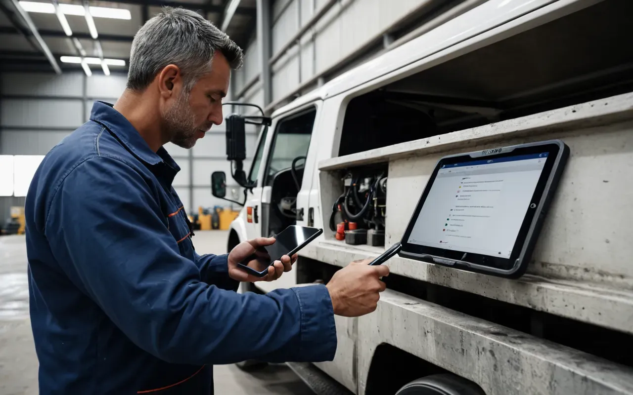 concrete plant efficiency A technician using a digital tablet to inspect the engine of a large concrete pump truck. The background shows a clean workshop with organized shelves.
