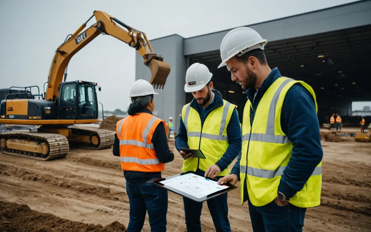 A wide angle shot of a construction site with heavy machinery in the background and workers in safety gear reviewing blueprints on a tablet under overcast natural light.