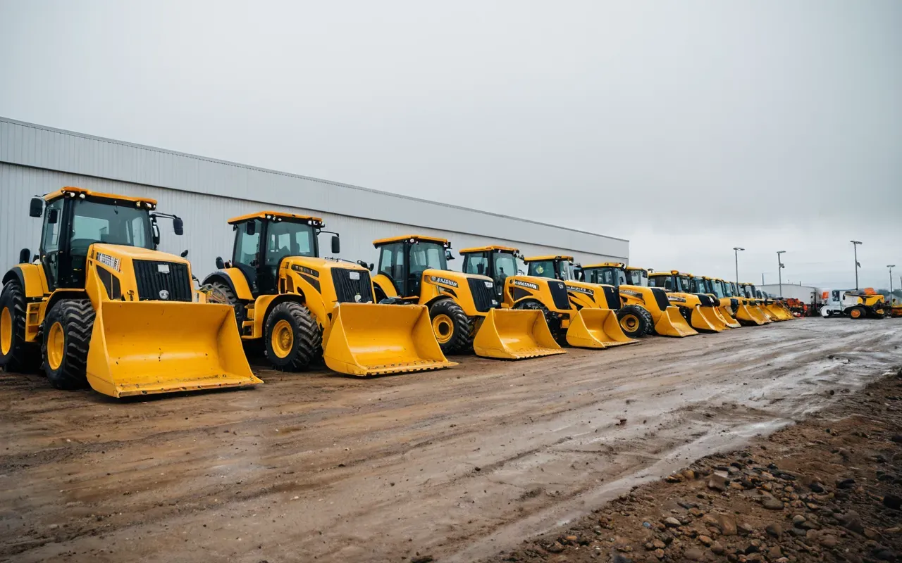 A wide angle shot of a modern construction equipment dealership lot with several pieces of yellow heavy machinery lined up under an overcast sky.