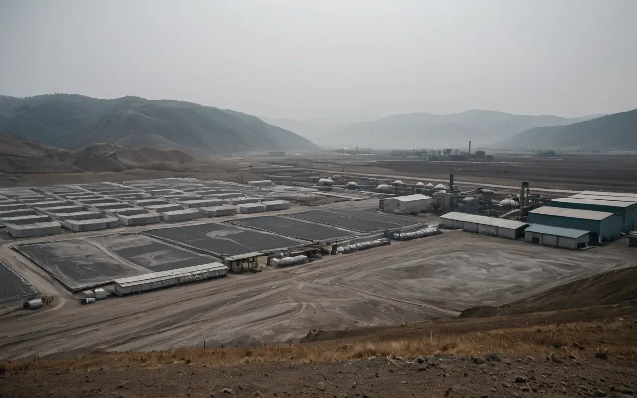 A wide-angle shot of a rural valley floor with multiple industrial concrete batching facilities spaced closely together under a hazy grey sky, showing heavy dust clouds rising from loading bays and mixing silos, emphasizing the dense cluster of industrial equipment in a confined landscape.