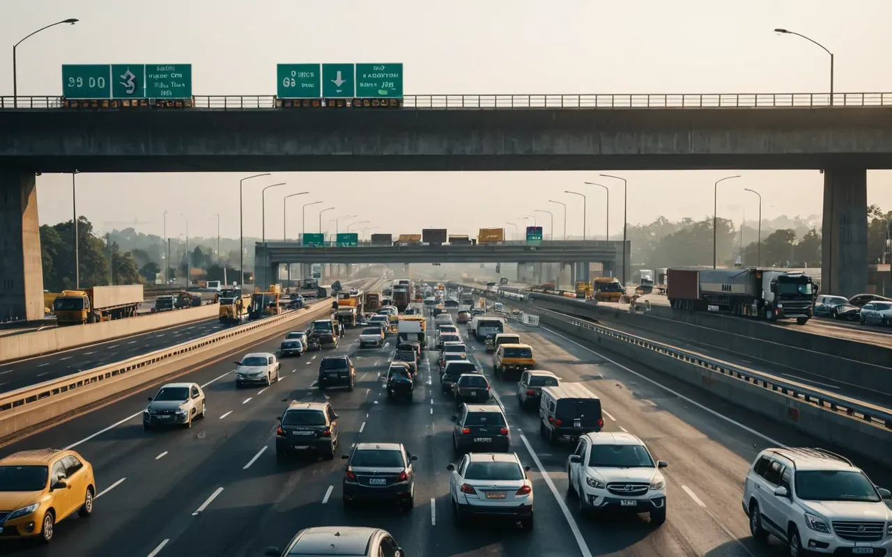 highway expansion projects A wide shot of a busy urban highway interchange with multiple lanes of traffic and large construction vehicles parked on the side creating a hazy atmosphere in the background.