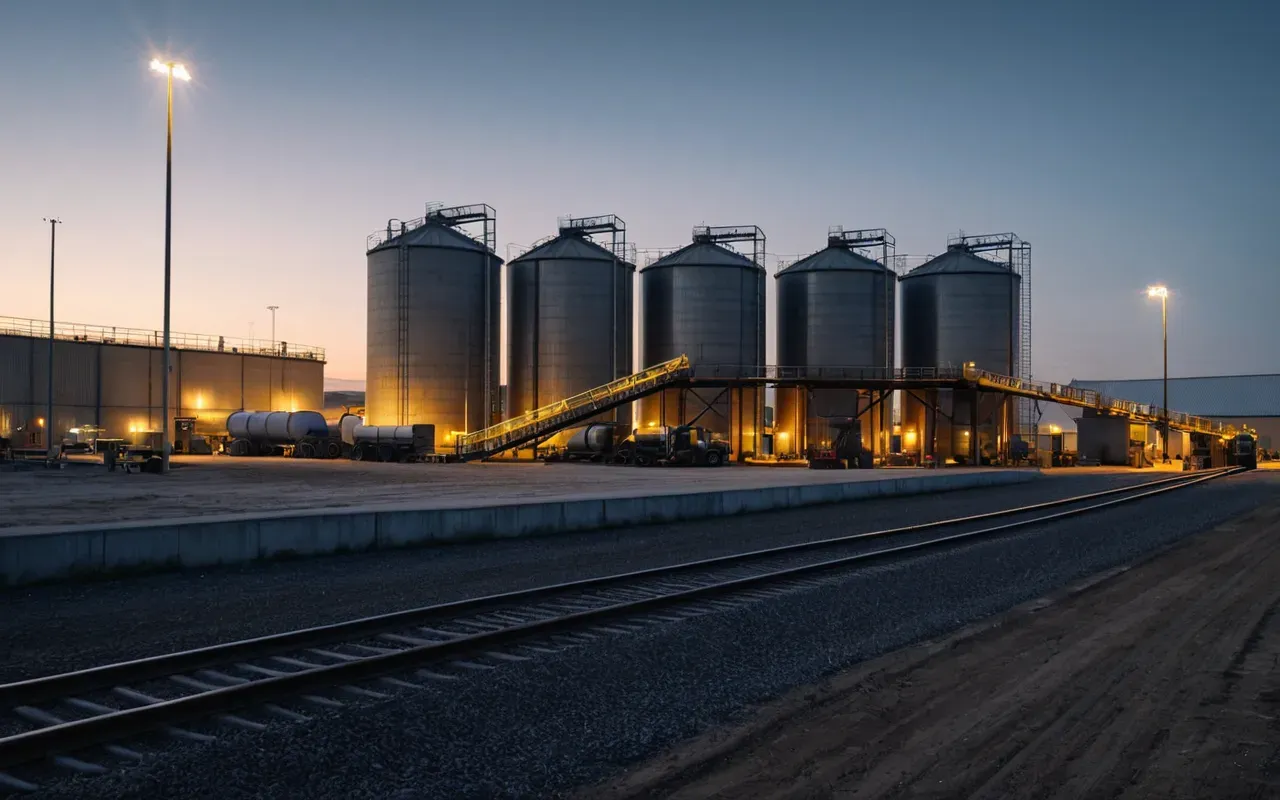 concrete batching plants A wide shot of a concrete mixing facility at dusk. Large silos and conveyor belts are illuminated by industrial floodlights against a twilight sky.