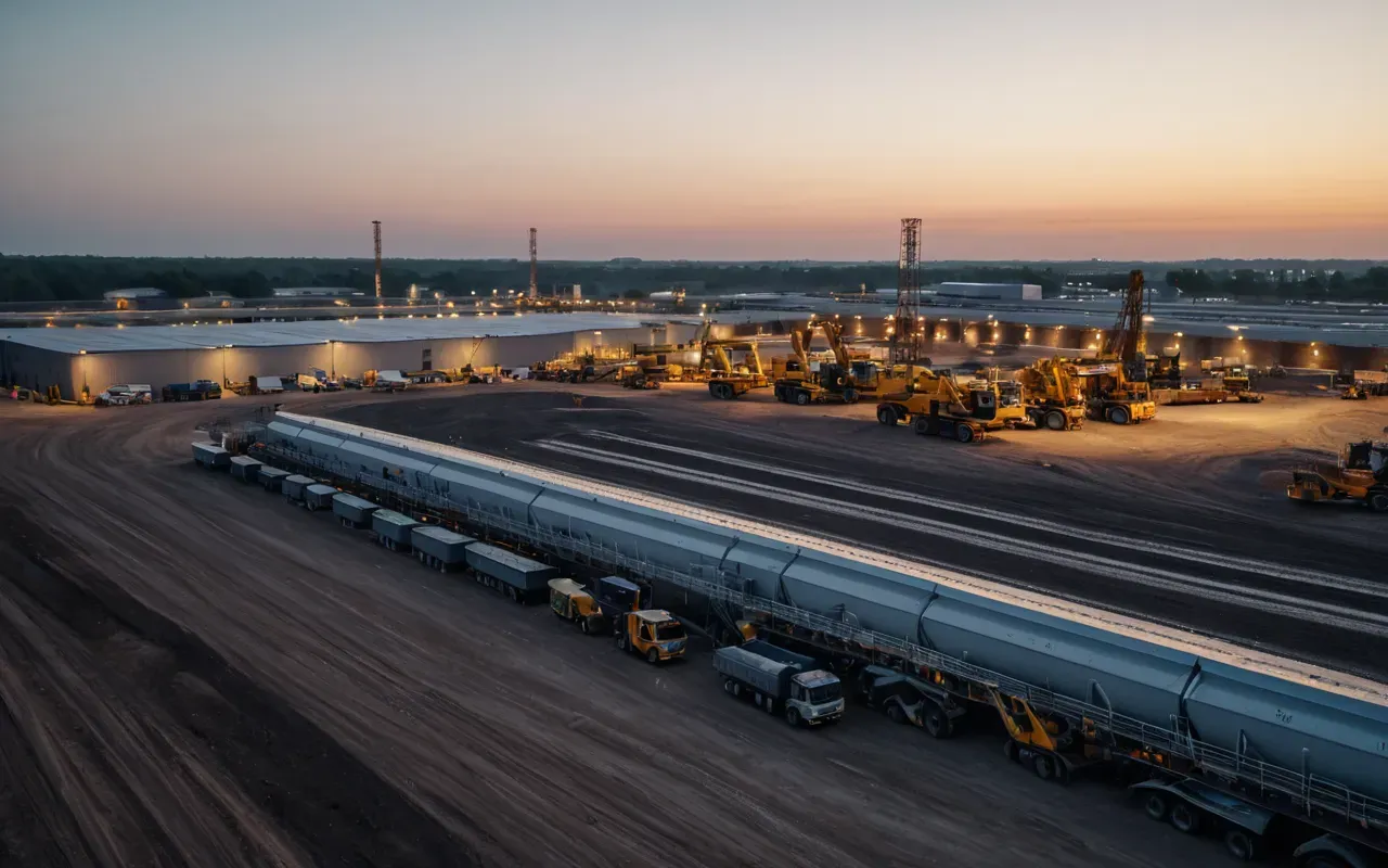 A wide shot of a large industrial construction site at dusk with multiple heavy machines working in coordination under artificial lighting highlighting organized workflow and safety barriers without any visible writing.